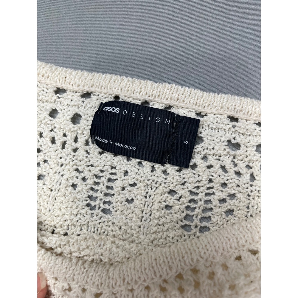 ASOS DESIGN Women Cream Pointelle Knit Cropped Sweater Scalloped Hem Small - Picture 4 of 9
